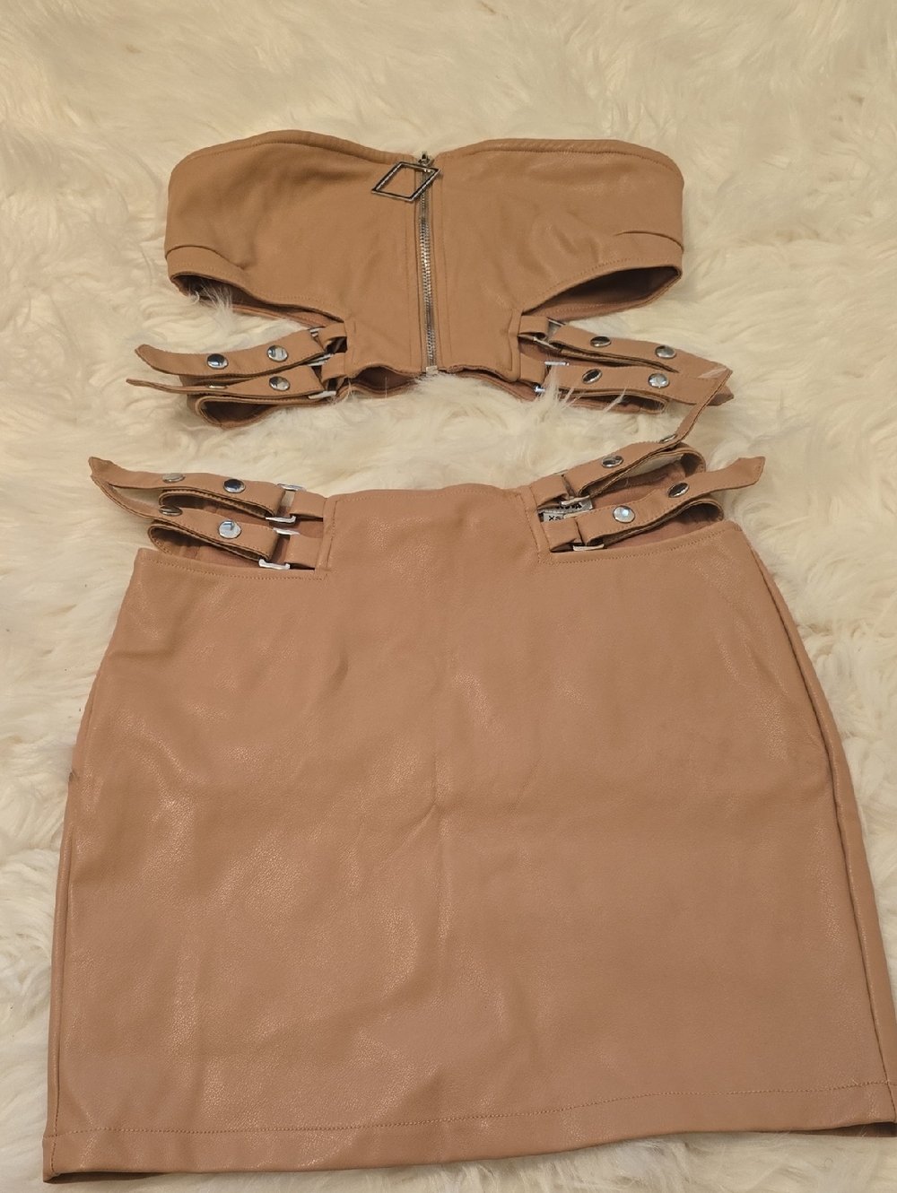 Fashion Nova Nude Buckle-Trim Mini Skirt